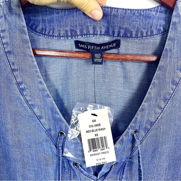 NWT Saks Fifth Avenue Chambray Lace Up Peasant Style Blouse Blue Women's Size XS - Picture 2 of 10